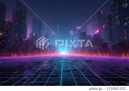 Empty dark street, reflection of neon light in the puddles of the night city. 133065102