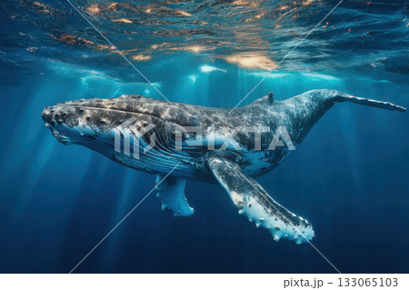A humpback whale swims majestically underwater, just below the surface. The sun's rays touch its back. 133065103
