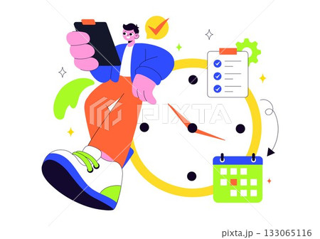 Vector Illustration Of Time Management With Clock Settings, Task Planning, Training Activities, And Scheduling In a Flat Cartoon Style Background Vector Illustration Of Time Management With Clock Settings, Task Planning, Training Activities, And Scheduling In a Flat Cartoon Style Background 133065116