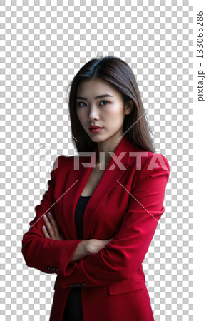 A white female business leader in deep crimson, standing with arms crossed, surrounded by digital symbols of success and financial A white female business leader in deep crimson, standing with arms crossed, surrounded by digital symbols of success and financial 133065286