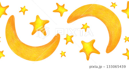 Seamless border with gold stars and a crescent moon, hand-drawn. Pencil drawing of the night starry sky on an isolated background. Seamless template for wallpaper, textiles, and tableware. 133065439