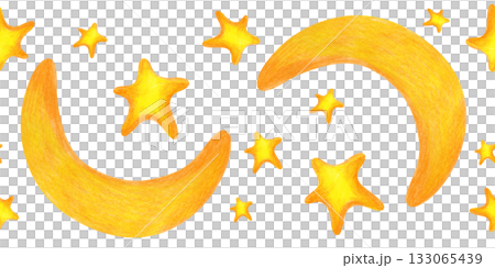 Seamless border with gold stars and a crescent moon, hand-drawn. Pencil drawing of the night starry sky on an isolated background. Seamless template for wallpaper, textiles, and tableware. Seamless border with gold stars and a crescent moon, hand-drawn. Pencil drawing of the night starry sky on an isolated background. Seamless template for wallpaper, textiles, and tableware. 133065439