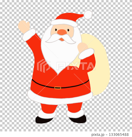 Santa Claus holding a bag full of presents and raising his hand to greet Santa Claus holding a bag full of presents and raising his hand to greet 133065488