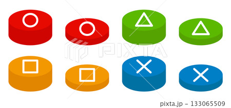 押す前と押した後の丸、三角、四角、バツボタンのベクターイラスト。円柱状のゲームのスイッチのセット 133065509