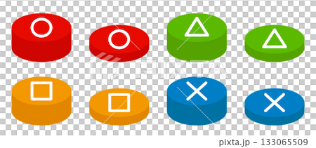 押す前と押した後の丸、三角、四角、バツボタンのベクターイラスト。円柱状のゲームのスイッチのセット 133065509