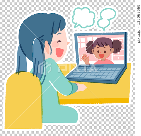 一名小學生女生透過網路聊天與海外朋友交談 一名小學生女生透過網路聊天與海外朋友交談 133065669