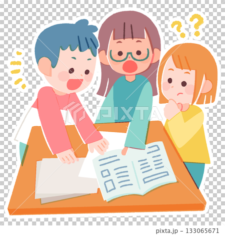Elementary school students doing research while discussing in groups 133065671