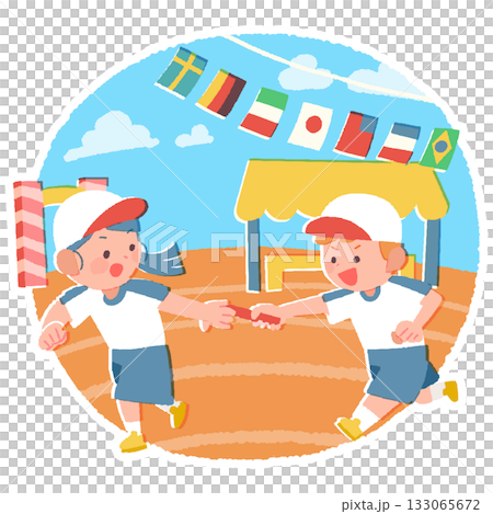 在運動會上,小學生正在進行接力賽,傳遞接力棒。 在運動會上,小學生正在進行接力賽,傳遞接力棒。 133065672