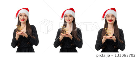 Woman in black dress, Santa hat with decorations, isolated, PNG 133065702
