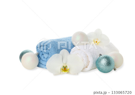 Festive atmosphere with bright towels and decor, on white, PNG 133065720