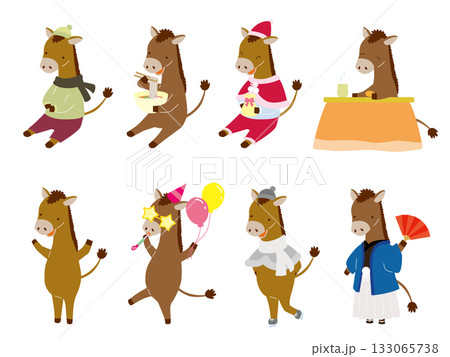 冬っぽい恰好をした馬のイラストセット 冬っぽい恰好をした馬のイラストセット 133065738