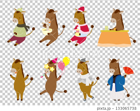 冬っぽい恰好をした馬のイラストセット 冬っぽい恰好をした馬のイラストセット 133065738