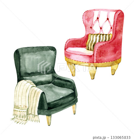 Watercolor illustration of cozy vintage armchairs in red and green tones. Perfect for Christmas interior decor, home design, invitations, prints, or hygge-themed creative projects. 133065833