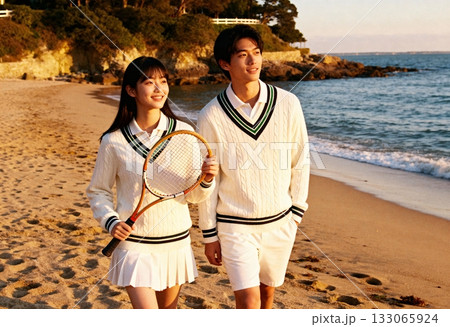 テニスの練習後に海辺を歩き談笑するカップル テニスの練習後に海辺を歩き談笑するカップル 133065924