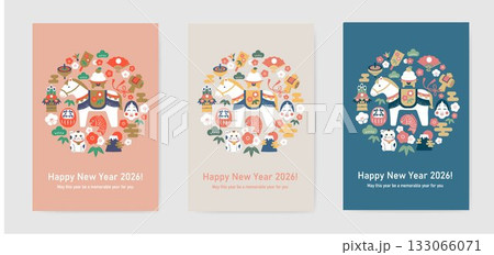 馬の干支と縁起物を描いた2026年の年賀状イラスト 133066071