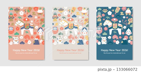 馬の干支と縁起物を散りばめた2026年の年賀状デザイン 馬の干支と縁起物を散りばめた2026年の年賀状デザイン 133066072