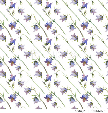Seamless pattern with hand-drawn purple bells. Watercolor illustration with wildflowers on a white background. Diagonal botanical background for wallpaper, textiles, printing, tableware. 133066076