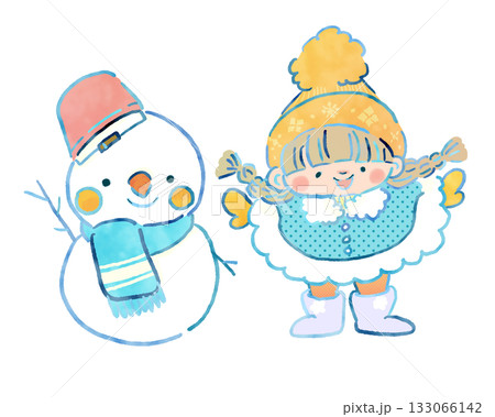 冬あそびシリーズ:雪だるまと女の子 かわいいイラスト 冬あそびシリーズ:雪だるまと女の子 かわいいイラスト 133066142