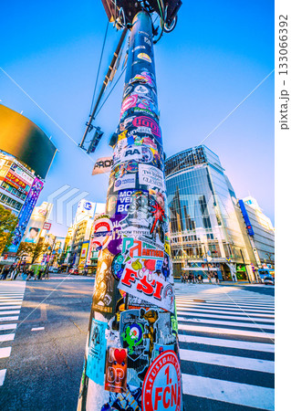 日本の東京都市景観 旅の想い出はシールとともに…朝日を浴びる交差点や信号の柱に貼られたステッカー等… 日本の東京都市景観 旅の想い出はシールとともに…朝日を浴びる交差点や信号の柱に貼られたステッカー等… 133066392