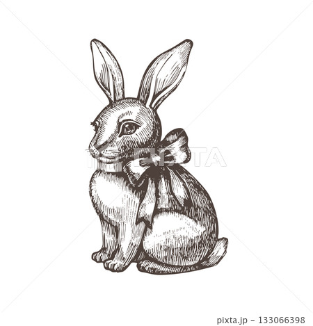 Vintage vector illustration of a rabbit with a bow, drawn in detailed ink line art. Perfect for Easter cards, cottagecore prints, natural packaging, and retro animal-themed designs. 133066398