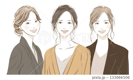 大人の女性3人の笑顔イラスト。友情・コミュニティ・働く女性を表現した柔らかい水彩風アート 大人の女性3人の笑顔イラスト。友情・コミュニティ・働く女性を表現した柔らかい水彩風アート 133066506