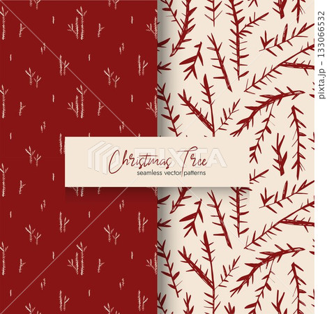 Christmas tree branch seamless vector patterns set in warm red and cream tones for holiday decor textiles gift wrap and branding 133066532