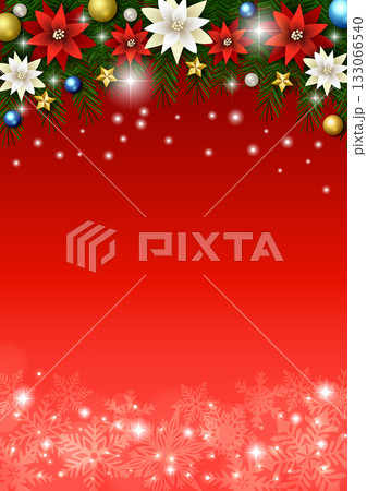 クリスマス背景、雪の結晶、赤、ポインセチア、モミの木、かわいい、イラスト、縦 133066540