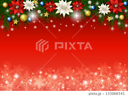 クリスマス背景、雪の結晶、赤、ポインセチア、モミの木、かわいい、イラスト、横 133066541