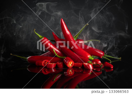 Fresh red chili peppers on a black reflective background. Fresh red chili peppers on a black reflective background. 133066563