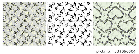 Olive branch hand drawn leaves seamless pattern set for textile design. Simple line art monochrome background Olive branch hand drawn leaves seamless pattern set for textile design. Simple line art monochrome background 133066604