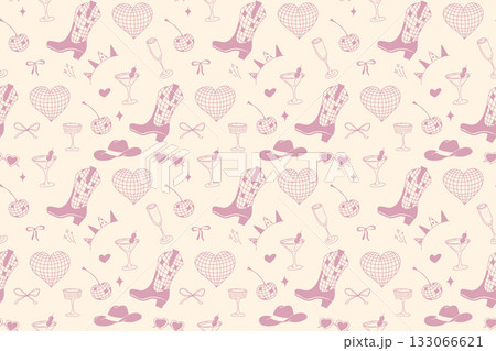 Whimsical cowgirl seamless pattern with pink hats and disco vibes Whimsical cowgirl seamless pattern with pink hats and disco vibes 133066621