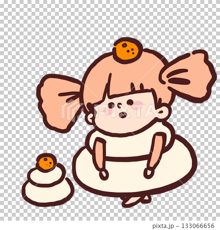 一張可愛的插圖，畫的是一個打扮成鏡餅的女孩坐在它旁邊。 133066656