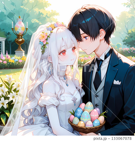イースターに挙式する新郎新婦。アルビノの少女と碧眼の青年の結婚式。漫画風のAIイラスト 133067078