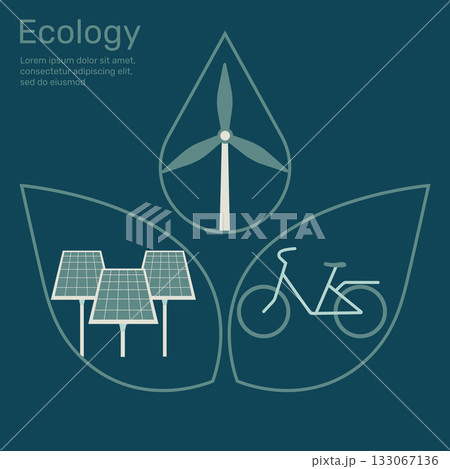 Wind turbine in waterdrop shape, solar cell, bicycle in leaf, Life ecology concept nature conservation. Vector design illustration. 133067136