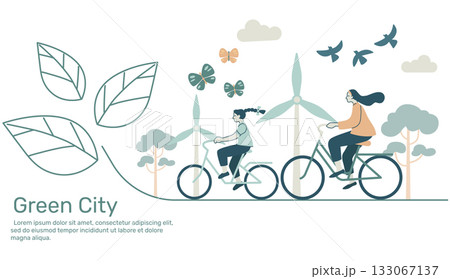 Woman with child riding bicycles with ecology and environment, sustainability, earth nature conservation. Vector design illustration. Woman with child riding bicycles with ecology and environment, sustainability, earth nature conservation. Vector design illustration. 133067137