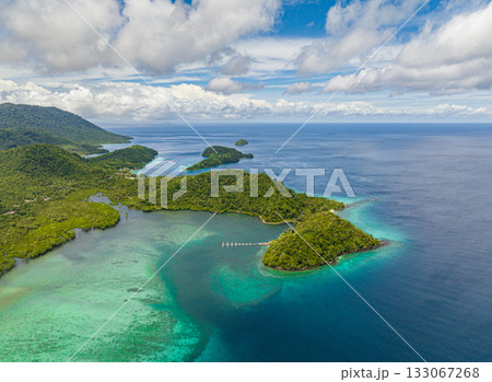 Aerial drone of islands and bays with lagoons in the tropics. Weh Island. Indonesia. 133067268
