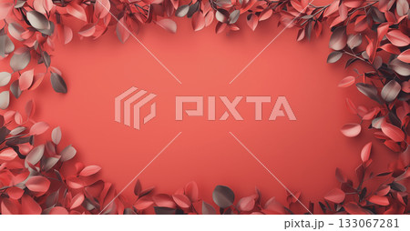 赤い葉っぱが角を飾る中央にコピースペースがある赤い背景 133067281