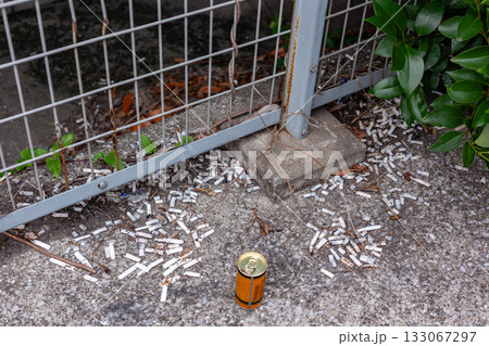 ポイ捨てされた空き缶とタバコの吸い殻 133067297
