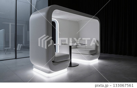 Futuristic Dining Pod - White capsule seating and a soft under-table glow are enclosed by curved walls that enhance intimacy. 133067561