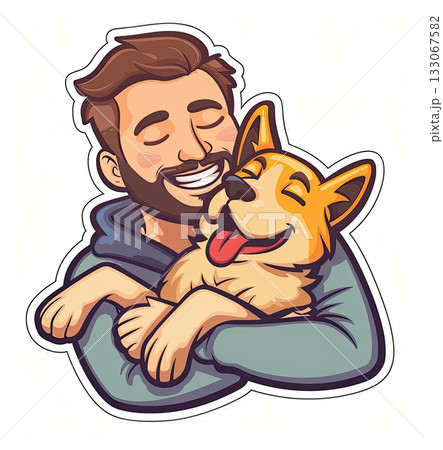 A touching clipart illustration of a boy holding his dog with care, evoking feelings of warmth and companionship. 133067582