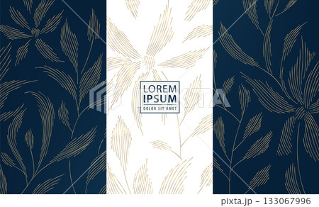 Elegant floral vector background, flower gold line patterns, leaves, oriental ornaments, Chinese, Japanese art. Luxury wedding invitations, spring greeting cards, anniversary posters, vintage royal 133067996