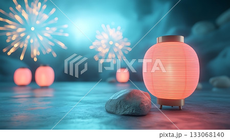 Romantic Lanterns and Colorful Fireworks in Night Sky Scene with Calm Water Reflections Romantic Lanterns and Colorful Fireworks in Night Sky Scene with Calm Water Reflections 133068140