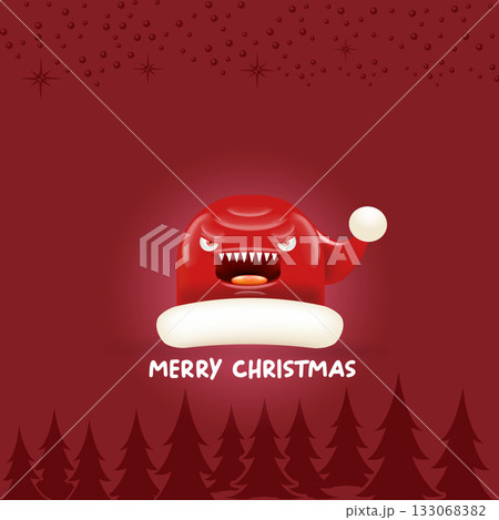 Vector cartoon monster Santa Claus red hat with grinch face on abstract red Christmas background. Merry Christmas greeting card and banner with funny crazy monster Santa Claus hat. Santa hat Vector cartoon monster Santa Claus red hat with grinch face on abstract red Christmas background. Merry Christmas greeting card and banner with funny crazy monster Santa Claus hat. Santa hat 133068382