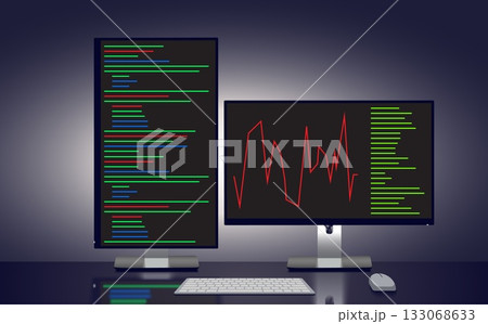 Dual Monitors Displaying Code and Data Analysis 133068633
