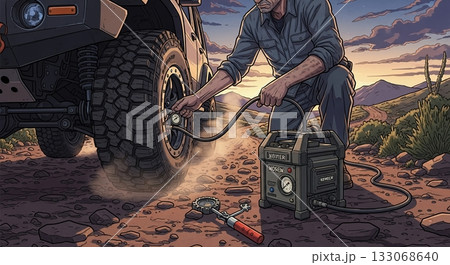 荒れた道でタイヤ空気圧を測る熟練の手 荒れた道でタイヤ空気圧を測る熟練の手 133068640
