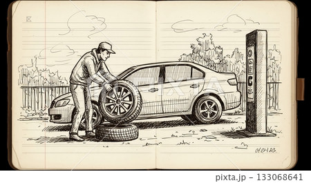手書きスケッチ：メカニックのタイヤ交換風景 133068641