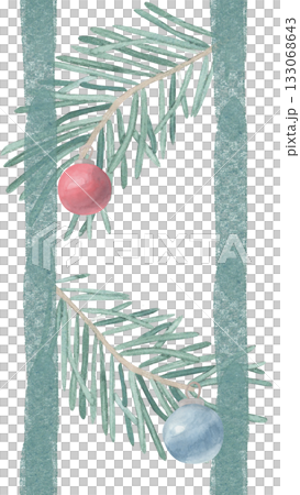 Watercolor seamless pattern Christmas vertical border green stripes fir branches and new year balls. For invitations, cards, posters, seasonal decor, winter holidays poster, wallpaper, stationery Watercolor seamless pattern Christmas vertical border green stripes fir branches and new year balls. For invitations, cards, posters, seasonal decor, winter holidays poster, wallpaper, stationery 133068643