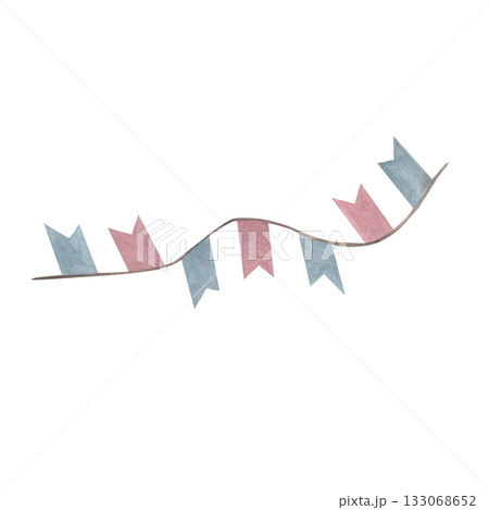 Bunting hanging blue and pink garland Flag. Watercolor illustration of triangular garland of muted colors. Drawing of pennants for Baby shower party greeting cards, wedding background and kids party 133068652