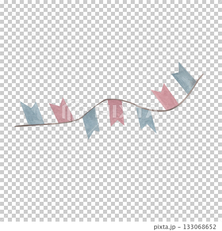 Bunting hanging blue and pink garland Flag. Watercolor illustration of triangular garland of muted colors. Drawing of pennants for Baby shower party greeting cards, wedding background and kids party 133068652