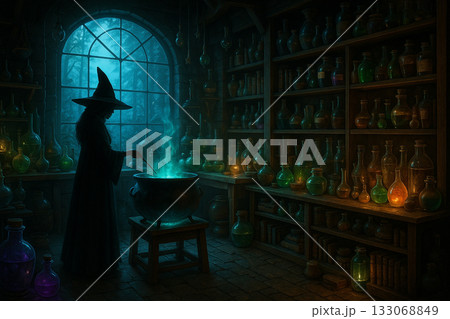 AI generated ultra realistic fantasy scene of a witch working in a magical laboratory with a glowing cauldron mysterious atmosphere enchanted lights and detailed potion bottles AI generated ultra realistic fantasy scene of a witch working in a magical laboratory with a glowing cauldron mysterious atmosphere enchanted lights and detailed potion bottles 133068849